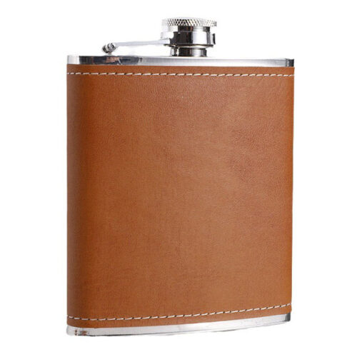 OEM Stainless Steel Hip Flask Leather Wrap Whisky Vodka Drinking Gift Set