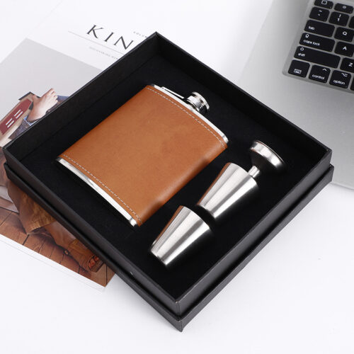 OEM Stainless Steel Hip Flask Leather Wrap Whisky Vodka Drinking Gift Set