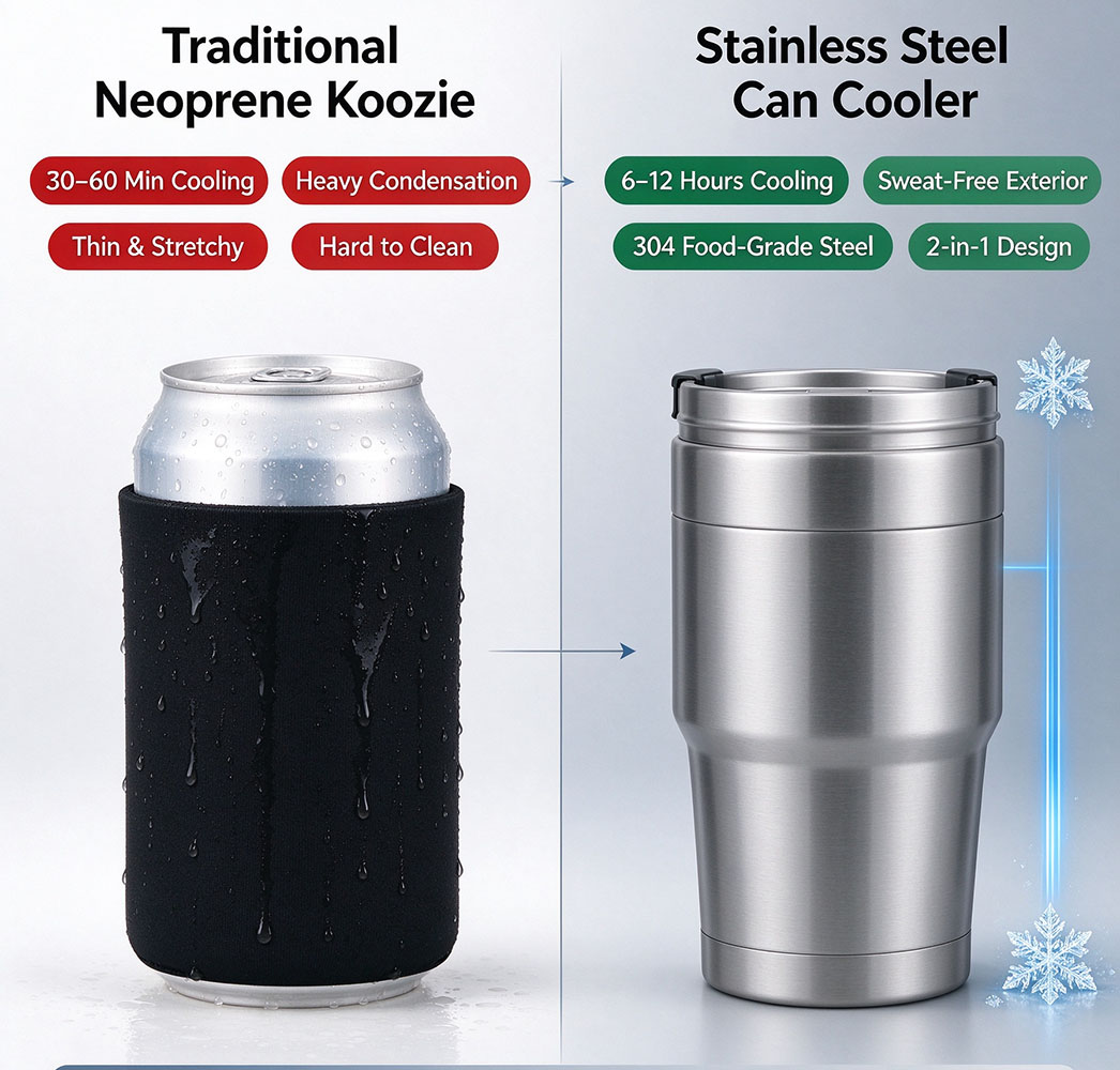 Neoprene Koozie vs Neoprene Koozie vs. Our Stainless Steel Can Cooler