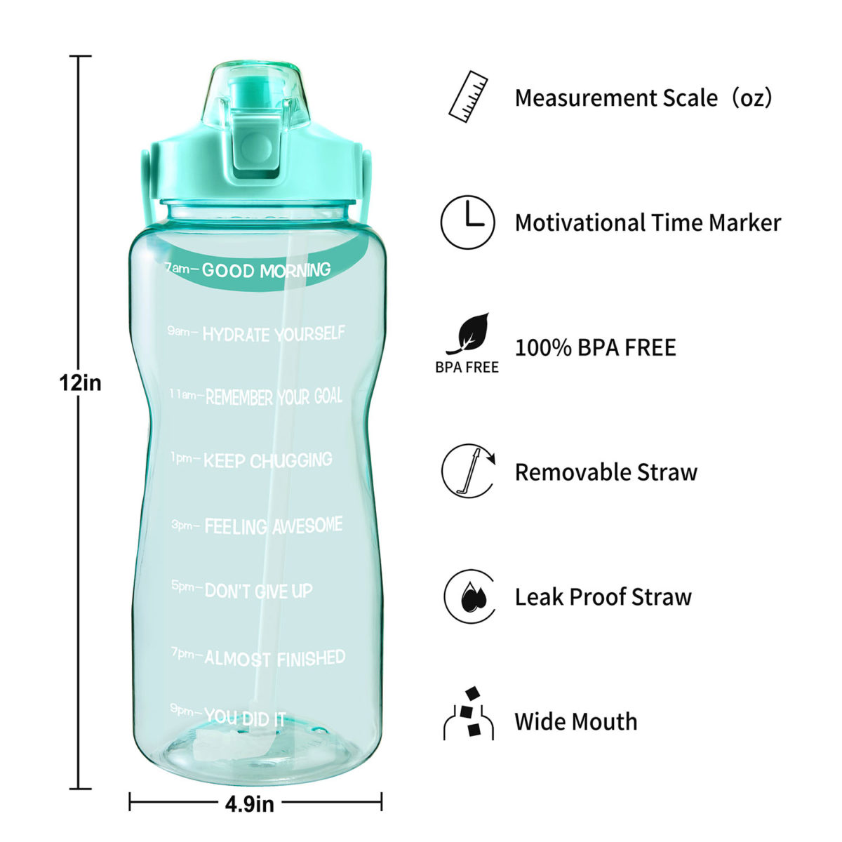 half gallon 64oz wide mouth water bottle with time marker and straw