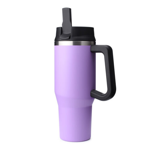 vacuum insulated stainless steel travel tumbler with handle and straw lid