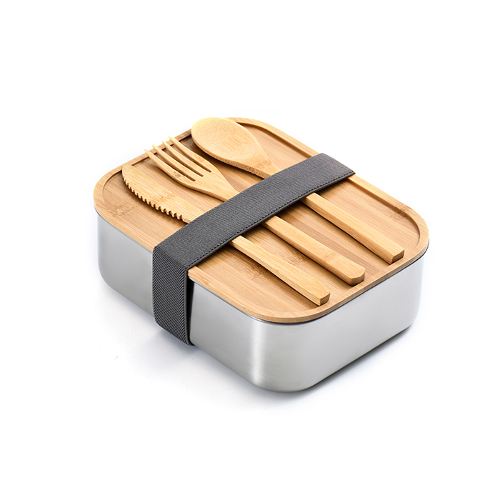 Takeaway Food Container Lunch Box Stainless Steel Bento Rectangle with Wooden Lid