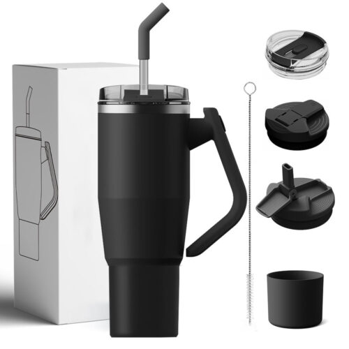 40oz Double Wall Insulated Travel Tumbler Coffee Mug with 180° Rotatable Handle And Straw Lid