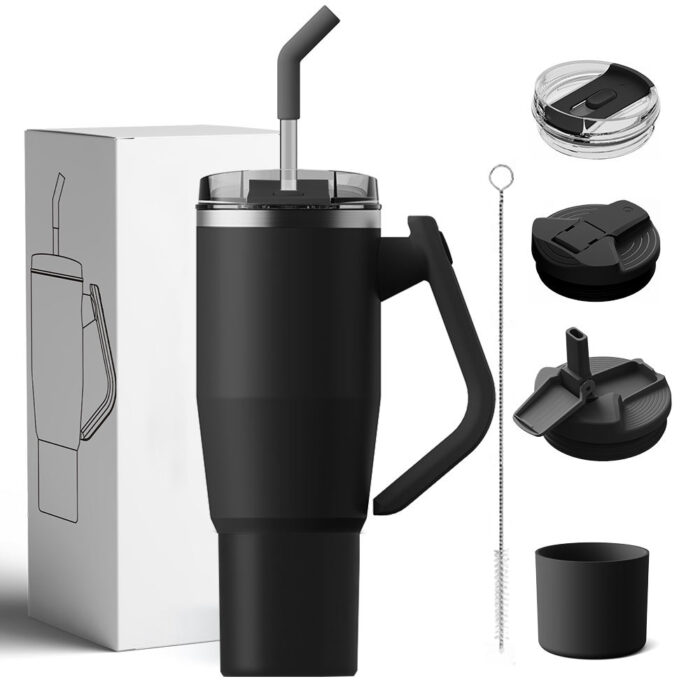 40oz Double Wall Insulated Travel Tumbler Coffee Mug with 180° Rotatable Handle And Straw Lid