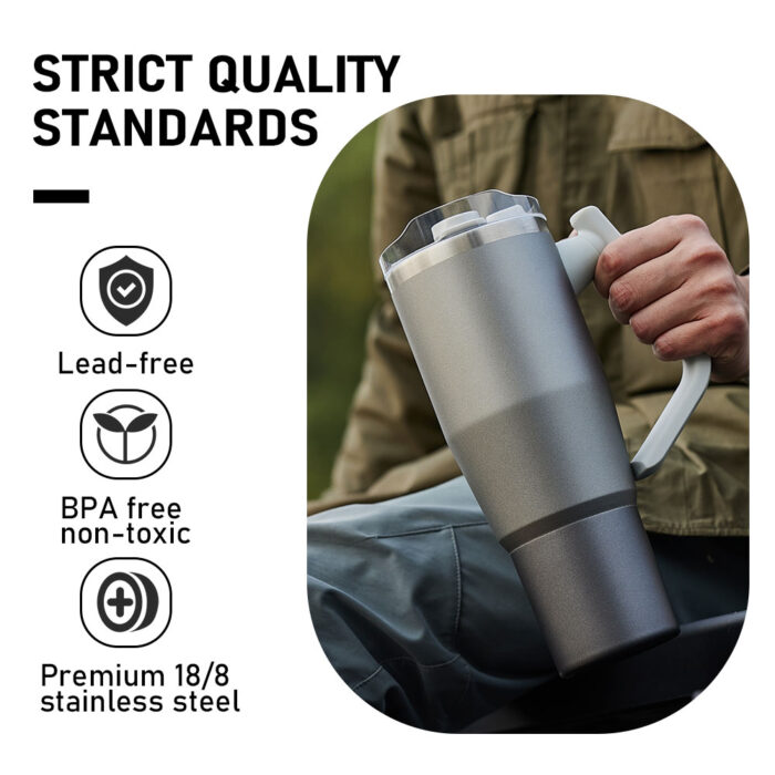 40oz Double Wall Insulated Travel Tumbler Coffee Mug with 180° Rotatable Handle And Straw Lid