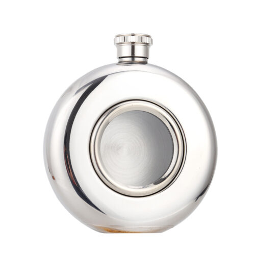 5oz Portable Round Hip Flask with Transparent Glass Window for Liquor Stainless Steel Travel Drinkware