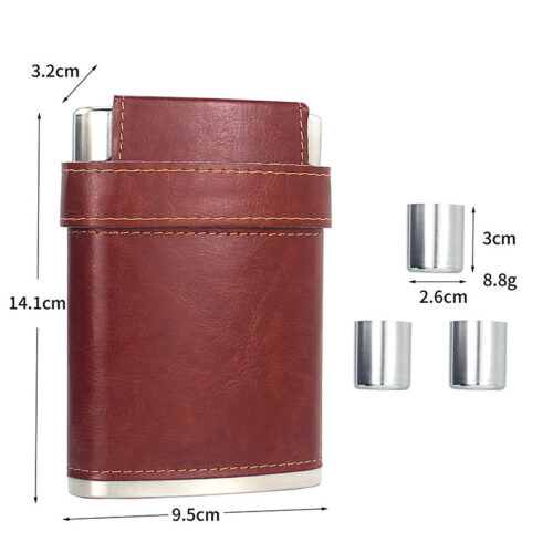 8 oz Whiskey Hip Flask Stainless Steel Liquor Drinkware with Brown Leather Wrap And Cup Set