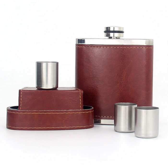 8 oz Whiskey Hip Flask Stainless Steel Liquor Drinkware with Brown Leather Wrap And Cup Set