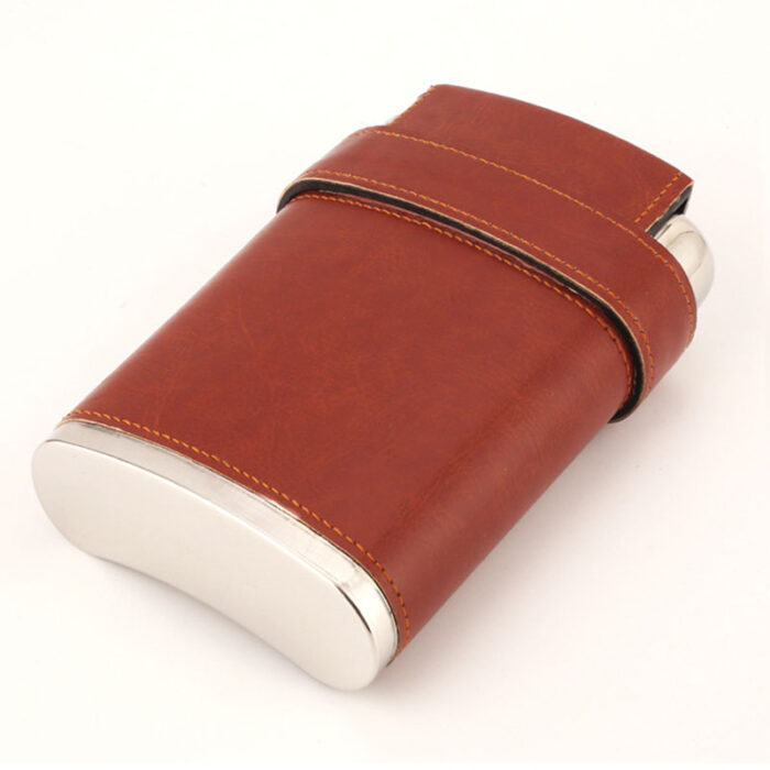 8 oz Whiskey Hip Flask Stainless Steel Liquor Drinkware with Brown Leather Wrap And Cup Set