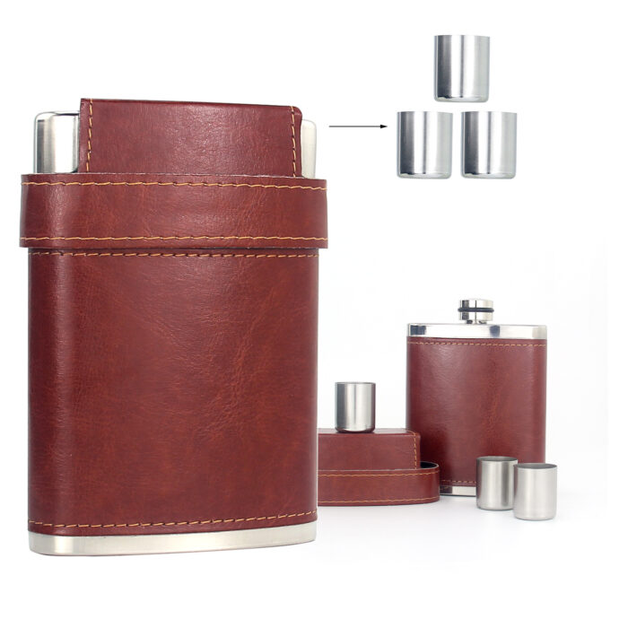 8 oz Whiskey Hip Flask Stainless Steel Liquor Drinkware with Brown Leather Wrap And Cup Set