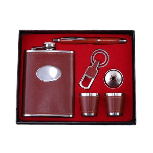 Custom Logo Leather Wrapped Carry-On Stainless Steel Hip Flask Alcohol Container Gift Box Set