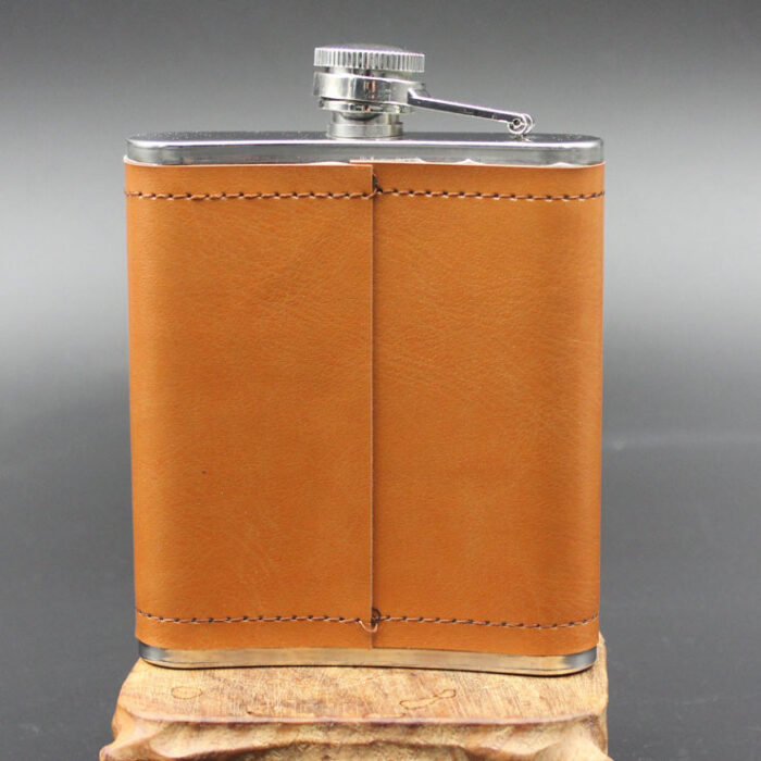 OEM Stainless Steel Hip Flask Leather Wrap for Camping Travel Whisky Vodka Drinking Gift Set