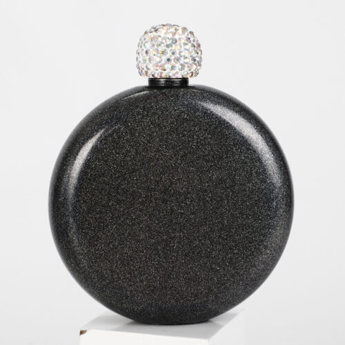 Round Hip Flask for Lady with Rhinestone Cap Mini Stainless Steel Whiskey Wine Bottle