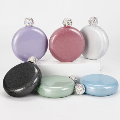 Round Hip Flask for Lady with Rhinestone Cap Mini Stainless Steel Whiskey Wine Bottle