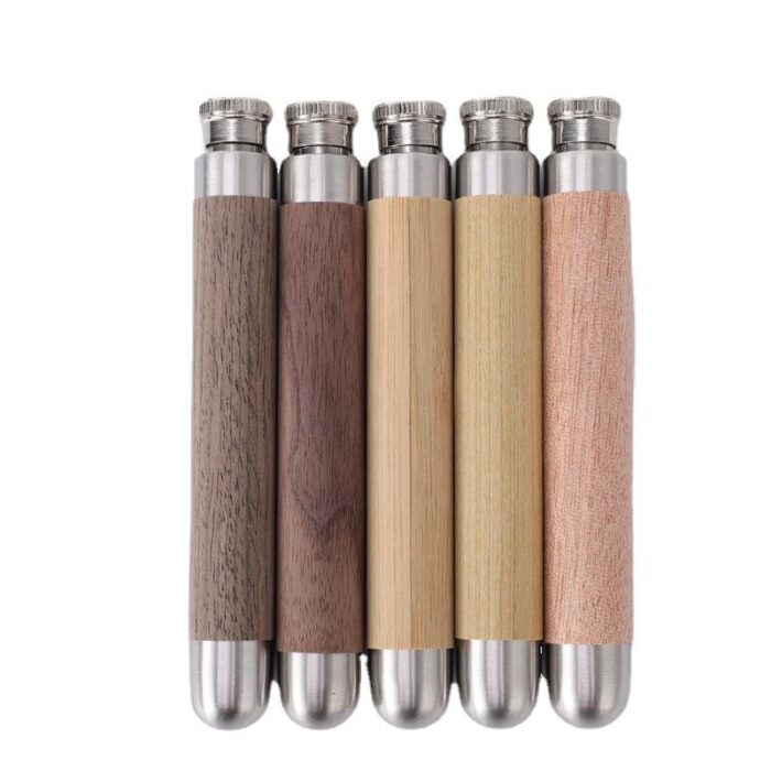 Portable Bamboo Wooden Grain Hip Flask Small Stainless Steel Outdoor Tubular Whiskey Bottle