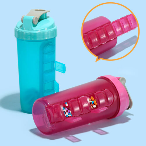 Durable Plastic Protein Shaker Cup with Pill Box Storage Convenient Reusable Sports Bottle