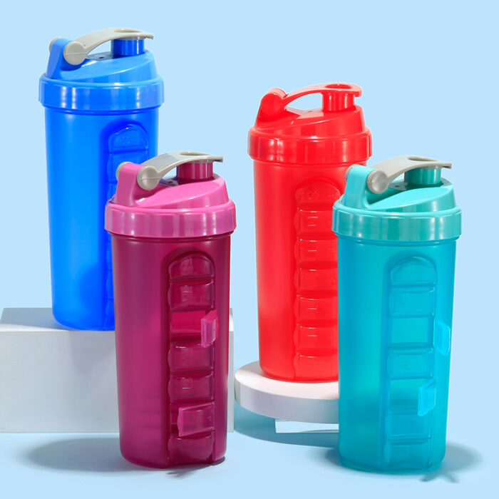 Durable Plastic Protein Shaker Cup with Pill Box Storage Convenient Reusable Sports Bottle