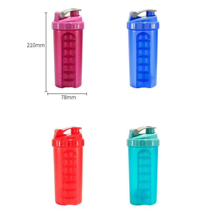 Durable Plastic Protein Shaker Cup with Pill Box Storage Convenient Reusable Sports Bottle