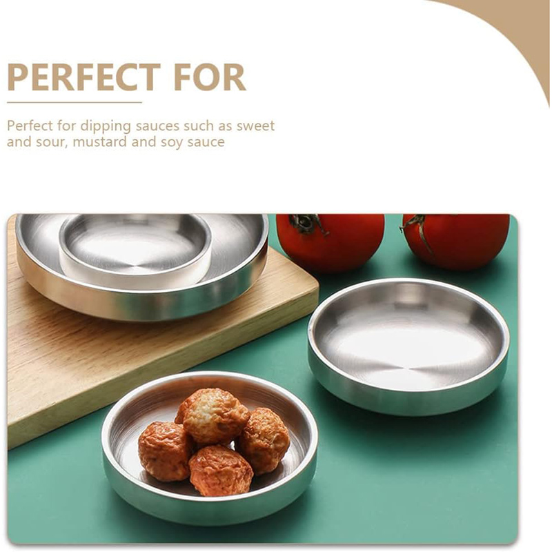 Stainless Steel Korean Kimchi Dish Double Layer Insulated Seasoning Plate for Dipping Sauces