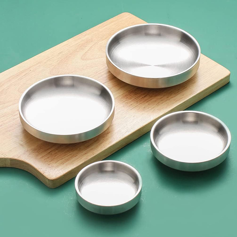 Stainless Steel Korean Kimchi Dish Double Layer Insulated Seasoning Plate for Dipping Sauces
