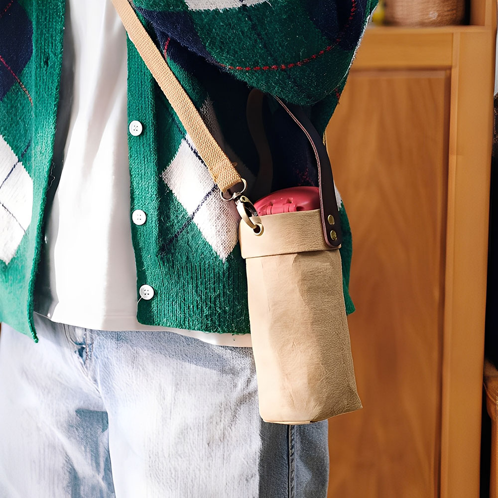 Insulated Washable Waterproof Sport Kraft Paper Crossbody Sling Carries Water Bottle Holder Bag
