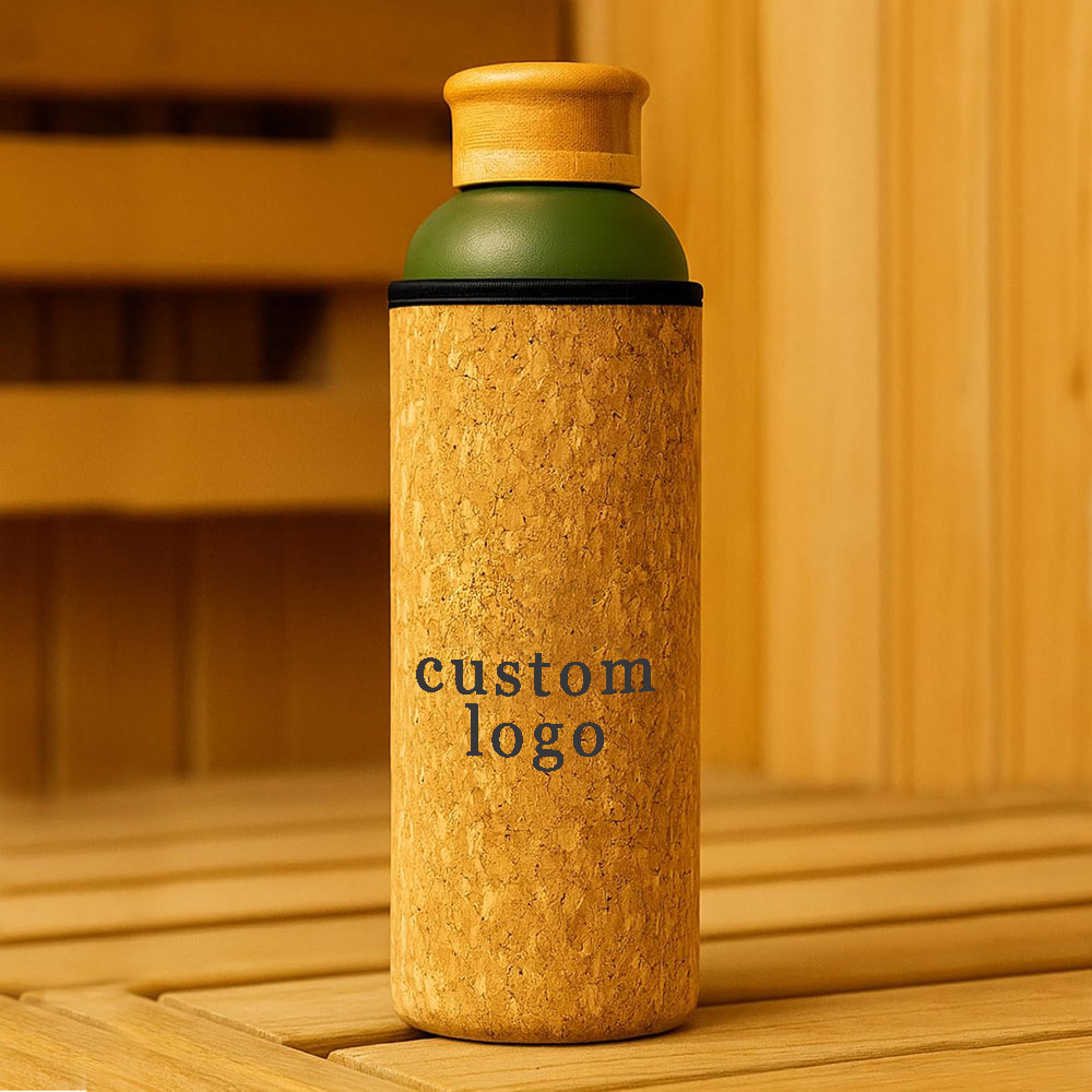 1L Sauna Water Bottle Double Walled Stainless Steel with Cork & Neoprene Exterior Bamboo Lid Leakproof BPA-Free