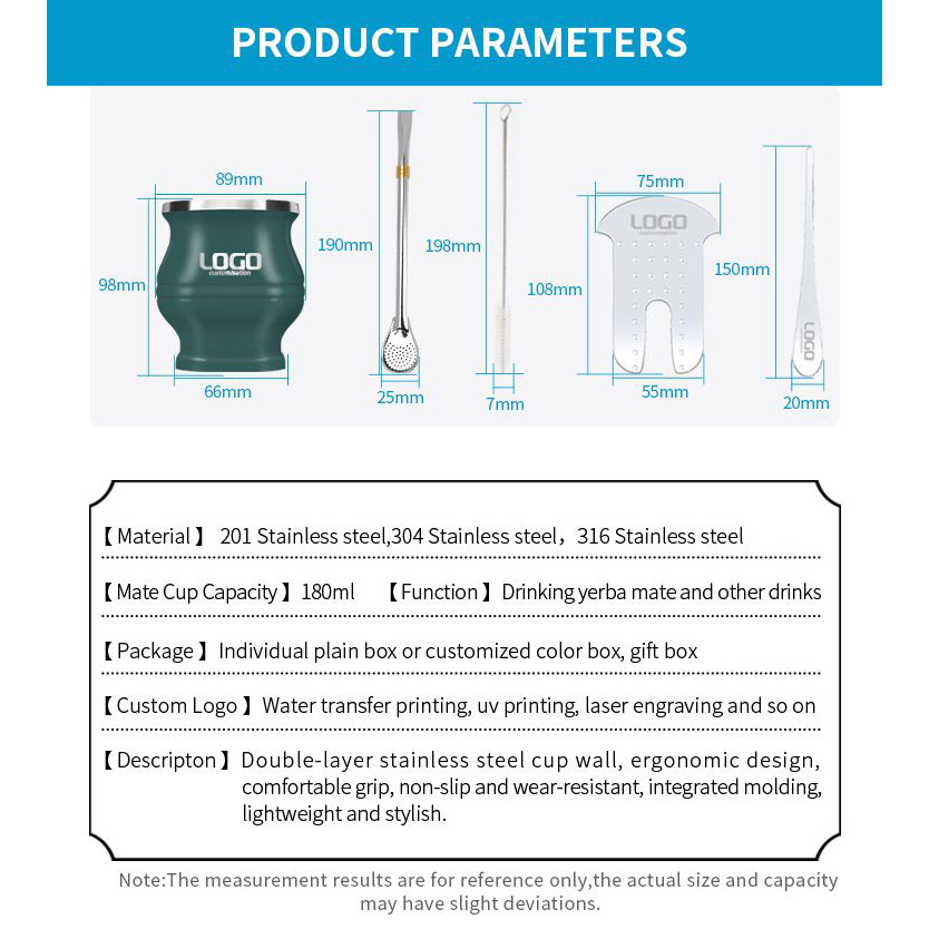 Custom Stainless Steel Yerba Mate Cup Bombilla Gourd Set Double Walled Tumbler With Straw and Cleaning Brush