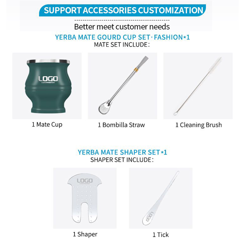 Custom Stainless Steel Yerba Mate Cup Bombilla Gourd Set Double Walled Tumbler With Straw and Cleaning Brush