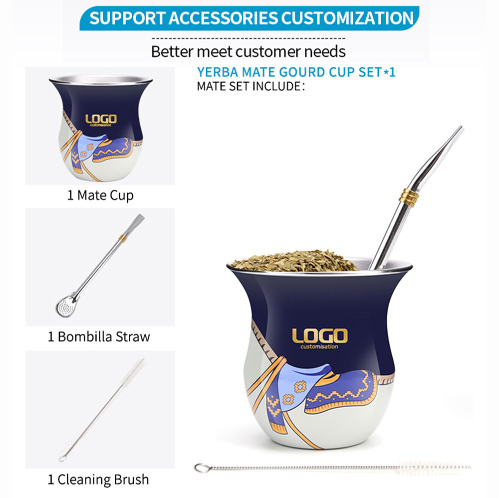 Gauchos Classical Style Customized LOGO 304 Stainless Steel Tumbler Gourd Shaped Yerba Mate Cup with Straw