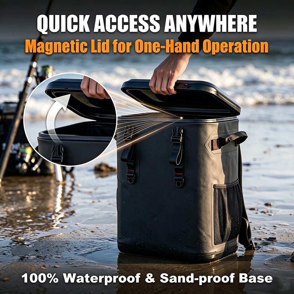 30-Can Thermal Soft Cooler Bags Waterproof TPU Magnetic Lid Backpack with Ice Supply one-hand operation