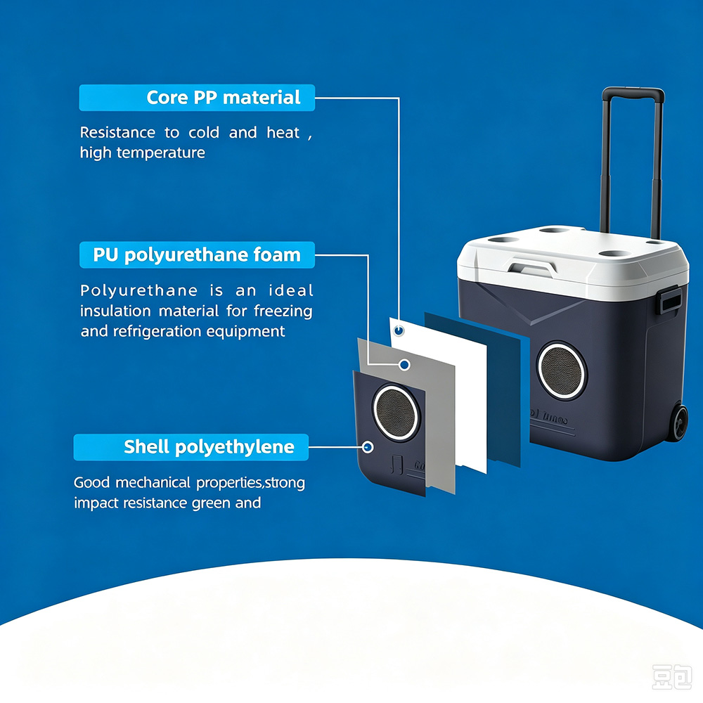 55 QT Insulation Ice Cooler Box Handles Wheels 52 L Large Capacity Portable Music With Speaker thermal performance