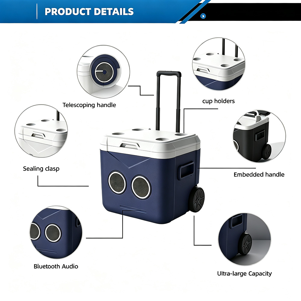 55 QT Insulation Ice Cooler Box Handles Wheels 52 L Large Capacity Portable Music With Speaker CBX055B025 - Image 7