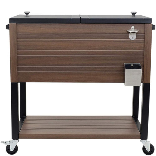 80 QT Wholesale Wood Grain Metal Cooler Cart 70.7 L Insulation Rolling Ice Chest Storage Shelf custom
