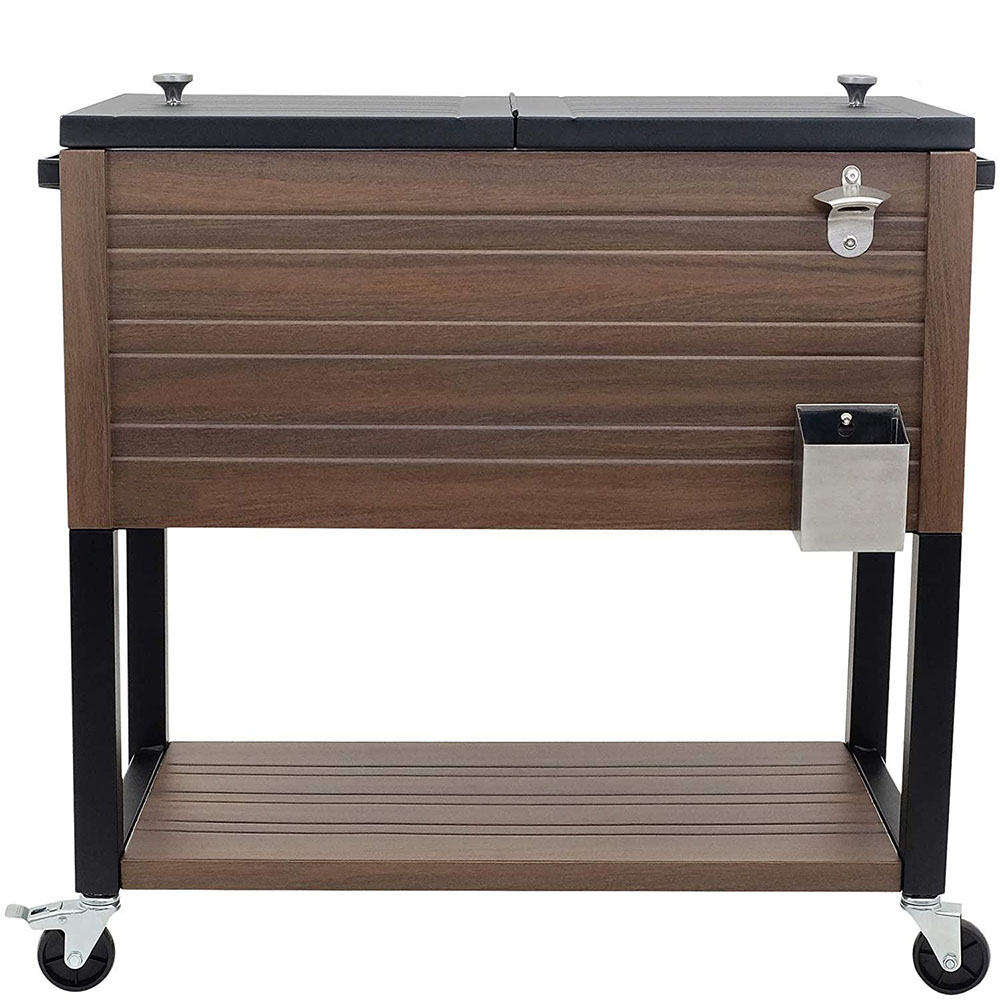 80 QT Wholesale Wood Grain Metal Cooler Cart 70.7 L Insulation Rolling Ice Chest Storage Shelf custom