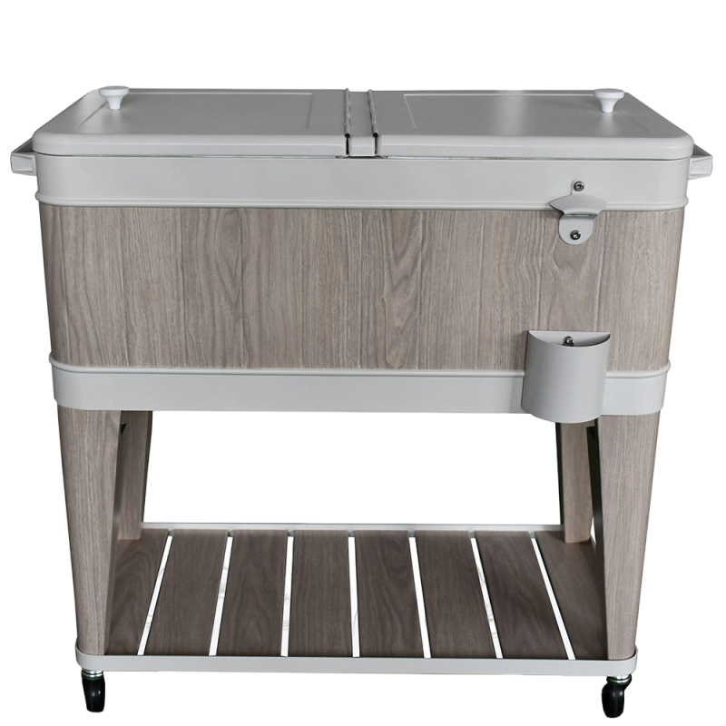 80 QT Wholesale Wood Grain Metal Cooler Cart 70.7 L Insulation Rolling Ice Chest Storage Shelf