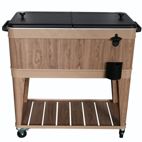 80 QT Wholesale Wood Grain Metal Cooler Cart 70.7 L Insulation Rolling Ice Chest Storage Shelf bottle opener