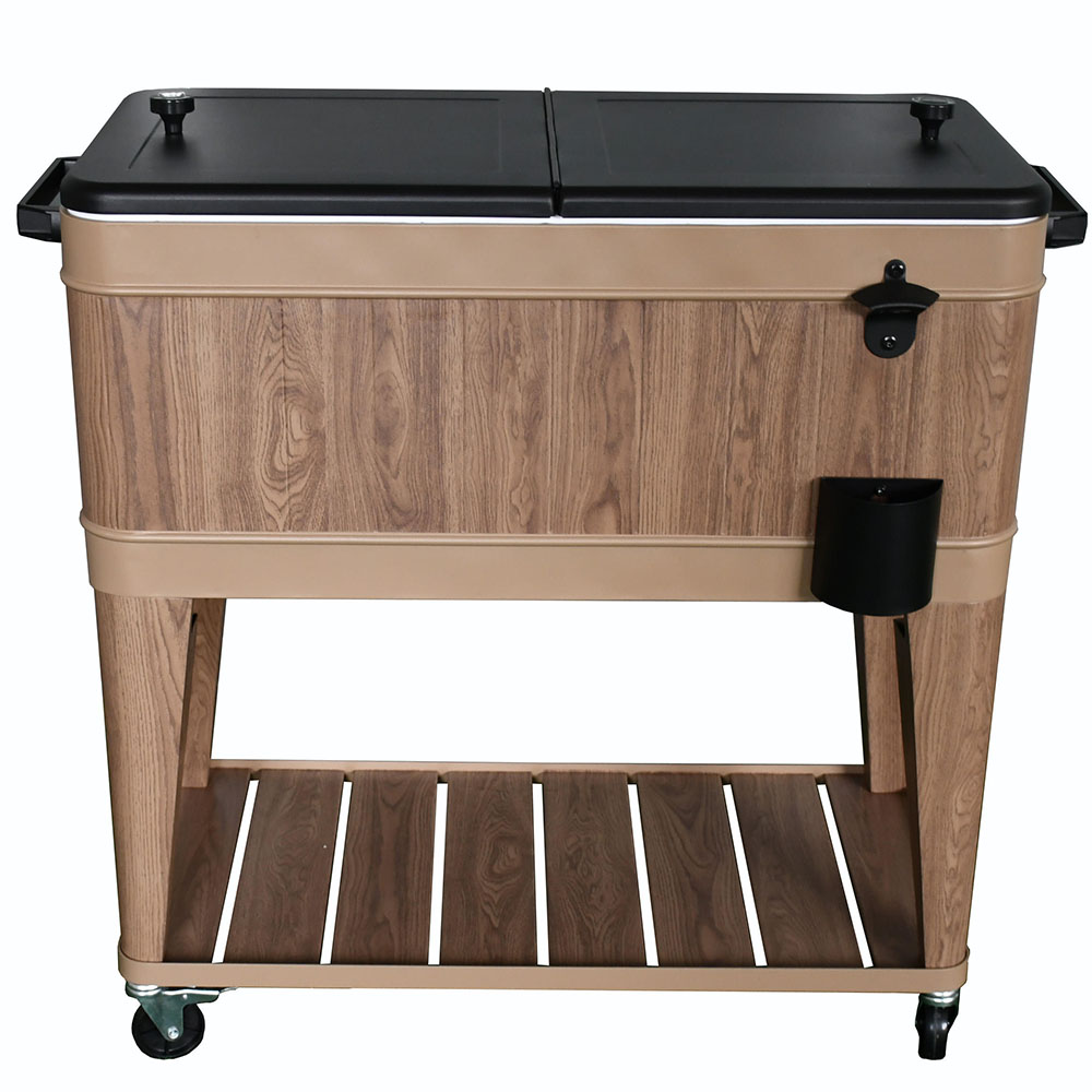 80 QT Wholesale Wood Grain Metal Cooler Cart 70.7 L Insulation Rolling Ice Chest Storage Shelf bottle opener