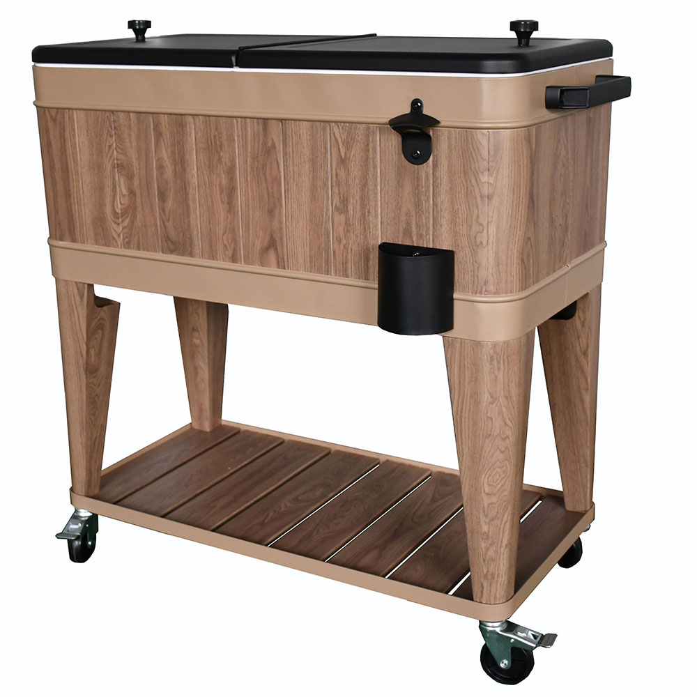 80 QT Wholesale Wood Grain Metal Cooler Cart 70.7 L Insulation Rolling Ice Chest Storage Shelf double lids