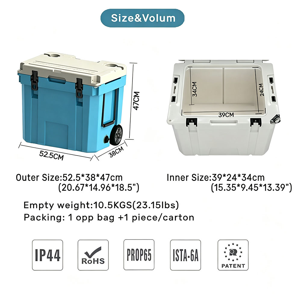 35QT LLDPE Rotomolded Wheeled Cooler Box 33 L with Telescope Handle for Food Storage custom