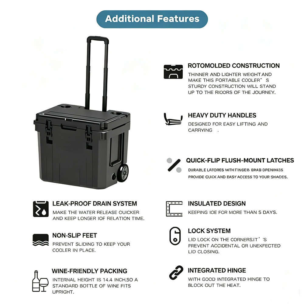 35QT LLDPE Rotomolded Wheeled Cooler Box 33 L with Telescope Handle for Food Storage leakproof