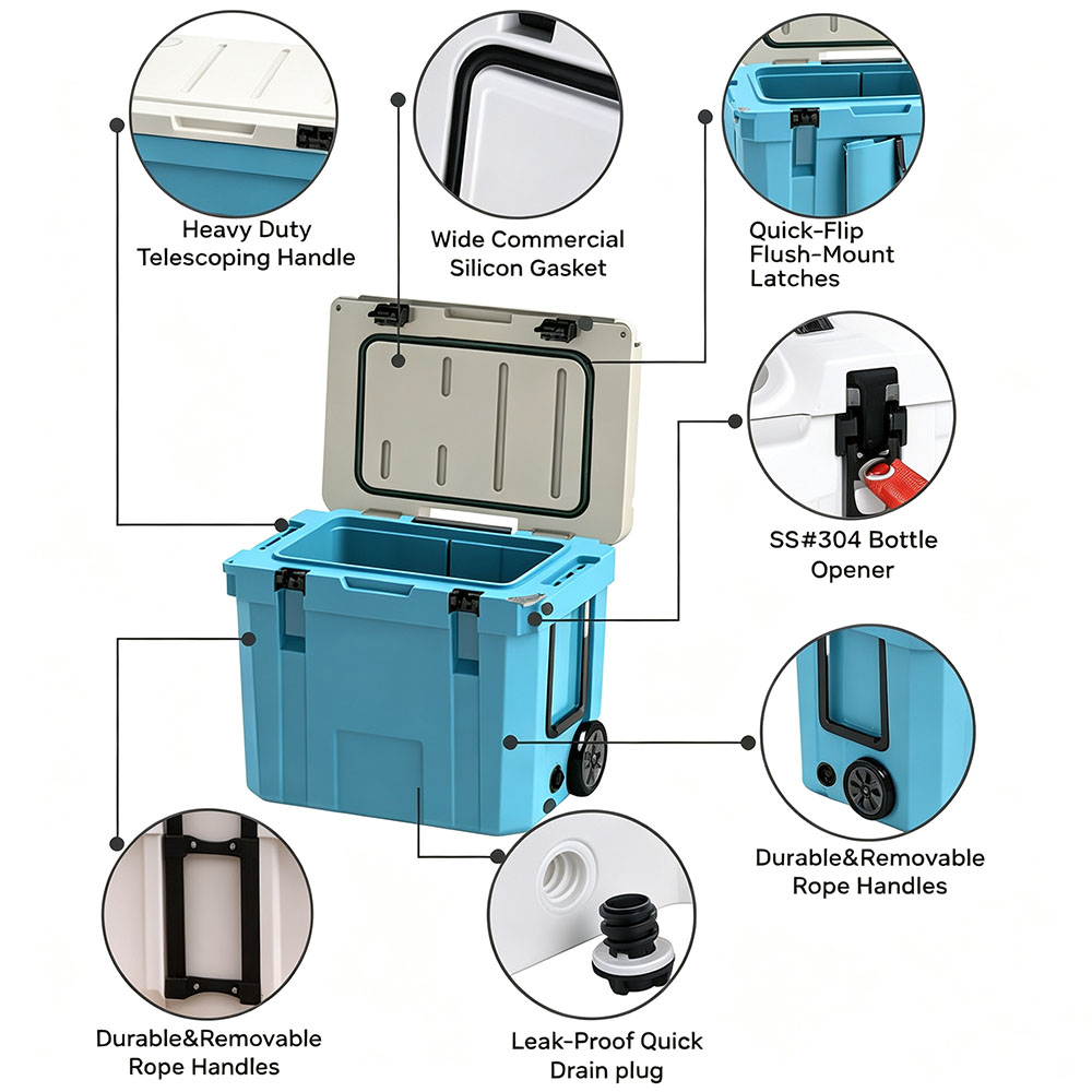 35QT LLDPE Rotomolded Wheeled Cooler Box 33 L with Telescope Handle for Food Storage latches