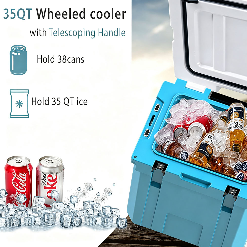35QT LLDPE Rotomolded Wheeled Cooler Box 33 L with Telescope Handle for Food Storage ice retention
